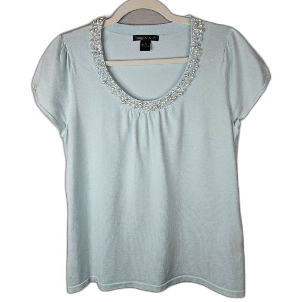 August Silk Women's Blue Beaded and Pearl Neckline Short Sleeve Top Size Large